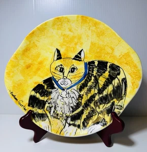 Handbemalter Studiokeramik Teller KATZE signiert Barbara Gottan 10,5” x 9,5” - Bild 1 von 7