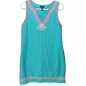 Hatley Dress Womens M Linen Shift Teal Embroidered Sleeveless Vneck Colorful - Picture 1 of 15