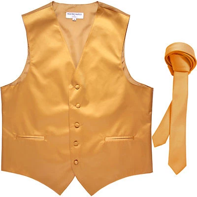 New Men's Formal Tuxedo Vest Waistcoat_1.5" skinny Necktie Gold prom wedding - Image 1 of 4