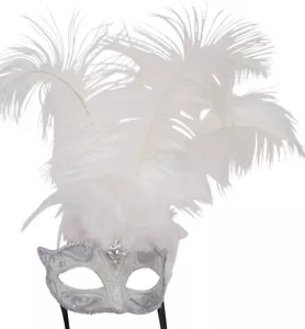 WHITE SILVER VENETIAN MASQUERADE PARTY CARNIVAL BALL EYE LONG FEATHER MASK - Picture 1 of 1