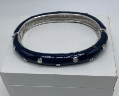 ERWIN PEARL Signed Hinged Bangle Navy Blue Enamel Rhinestone Nautical Patriotic - Image 1 of 4