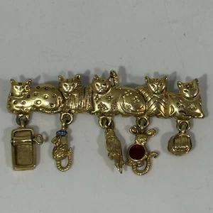 Vintage AJC Figural Cat Brooch Dangle Charms Gold Tone Mouse Yarn Bird - Picture 1 of 6