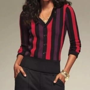 CAbi 2018 Royal Striped Pullover Sweater Damen L rot schwarz lila Knopfleiste - Bild 1 von 11