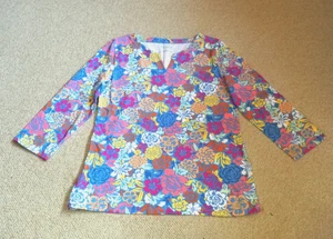 Womens Top-TALBOTS-periwinkle/pink/white floral cotton knit V-neck 3/4 slv-L - Picture 1 of 4