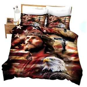 Bedding Set Christian Decor Duvet Cover American flag Twin Jesus Eagle - Picture 1 of 8