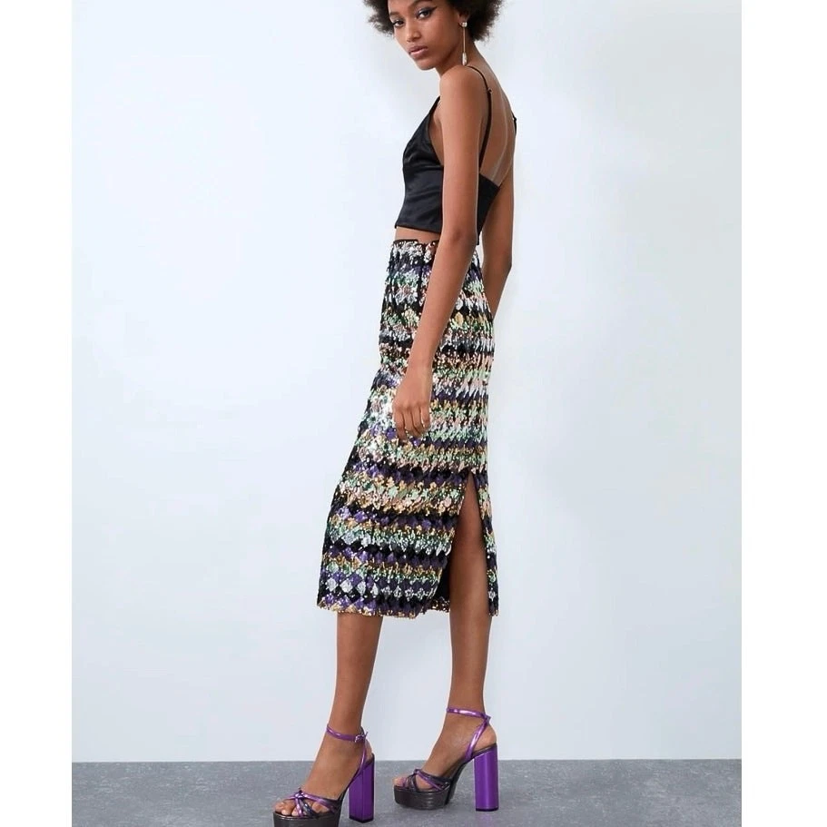 Falda Midi Zara Lentejuelas Brillo Metálico Multicolor Rayas Diamante Abertura Talla M Foto 1 de 4