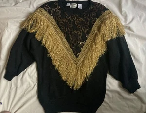 Maglione BONNIE & BILL vintage anni 80 spalle scoperte frange nere e oro anni 80 - Foto 1 di 7