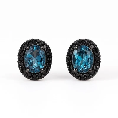 Серьги-гвоздики JCL Colleen Lopez из чистого черного родия с голубым топазом и ониксом гало - Изображение 1 из 4