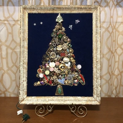 Vintage Costume Jewelry Christmas Tree Framed 17x20.5 OOAK Lighted Collage Art - Image 1 of 4