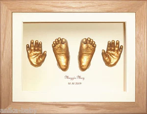 New Baby Girl Boy Gift Casting Kit hand foot cast Solid Oak 3D Box Display Gold - Picture 1 of 7