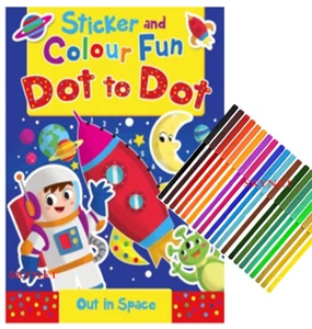 CHILDRENS KIDS DOT TO DOT COLOURING BOOK ACTIVITY OUT IN SPACE + FELT TIP PENS - Picture 1 of 5