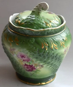 Antike OCCo Limoges Porzellan Keksdose mit Deckel grüne Blumen RAR Kostenloser Versand - Bild 1 von 5