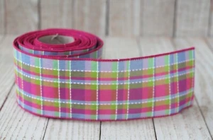 SPRING PLAID RIBBON ROLL, 1.5” or 2.5” x 5 yd Wired Edge, Stitched Pink Blue - Picture 1 of 3