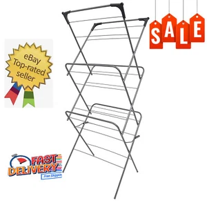 Three-Tier Folding Laundry Washing Clothes Horse Airer Black Indoor Outdoor Rack - Picture 1 of 1