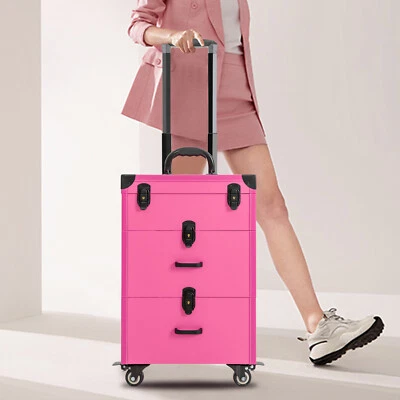 Rolling Makeup Train Case Aluminum Cosmetic Case Trolley with Drawer Lock Pink - Image 1 of 4