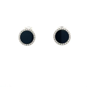 Orecchini tondi con pavè di diamanti e onice in oro bianco 18kt - Foto 1 di 6