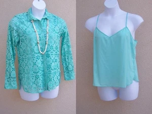 J Crew Embroidered Eyelet Button Up Shirt top size 12 Seaglass green blouse cami - Picture 1 of 14