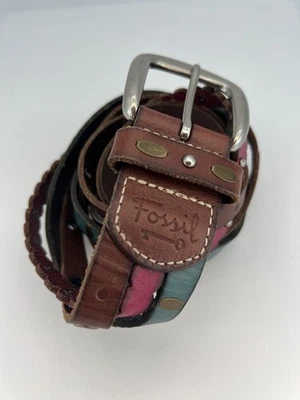Cinto de couro trançado multicolorido Fossil vermelho turquesa marrom feminino tamanho M/G - Imagem 1 de 4