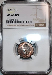 NGC MS-64 BN 1907 Indian Head Cent, Richly Hued & Razor-Sharp. - Picture 1 of 2