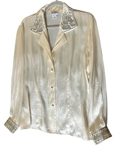 Vtg Bob Mackie Wearable Art Silk Blouse Sz 10 Ivory Glam Embroidered Neck Cuffs - Picture 1 of 13
