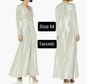 Prom Party Wedding TAHARI Gorgeous Silver Maxi Dress Size 4P (M) - Picture 1 of 8
