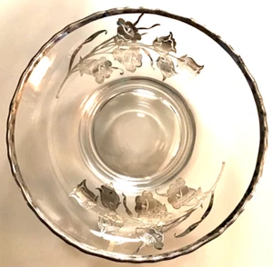 Vintage Glass Bowl Silver Inlay Floral 7 1/2" - Picture 1 of 13