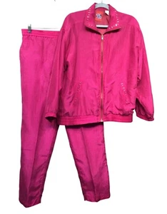Vintage 90s Pink Silk Tracksuit Jacket Pants Set Athletic Womens Size M Preppy - Picture 1 of 13