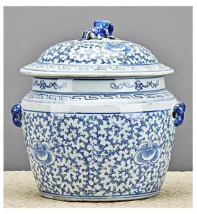 Blue, White Chinoiserie Pot Shape Lidded Porcelain Jar. Hand Painted-10”H - Picture 1 of 8