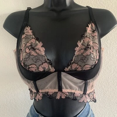 VICTORIAS SECRET Very Sexy Black Biege Lace Longline Bralette Size 32D NEW $90🆕 - Image 1 of 4