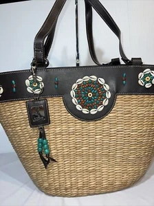 “F” Fortuna Valentino Hobo Brown Leather/Straw Purse Shoulder Handbag/Tote EUC - Picture 1 of 12