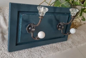 Wood Coat Rack Hooks Pegs Wall Mounted Entryway Rustic Farmhouse Blue - Picture 1 of 9