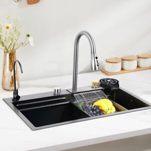 Waterfall Kitchen Sink 75 × 46cm Dark Stainless Steel with Mixer Tap XSPECIAL
