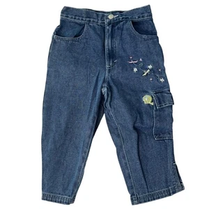Vintage Looney Tunes Girls 7 Denim Cargo Pants Tweety Bird Emboridered Flowers - Picture 1 of 7
