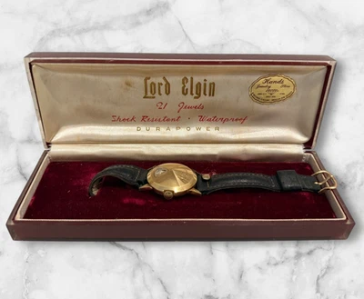 Vintage 14K Gold Filled Lord Elgin Chevron Case Direct Read Mens Jump Hour Watch - Image 1 of 4