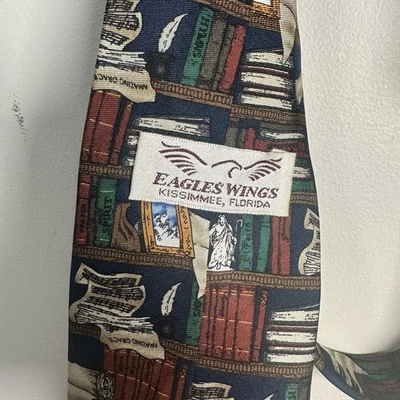 Men’s Eagles Wings Bookshelf Library Books Tie 100% Silk librarian professor - Image 1 of 4