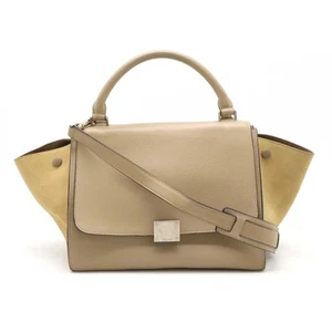 Borsa a tracolla CELINE Trapezio piccola beige pelle scamosciata 2 vie ferramenta argento - Foto 1 di 9
