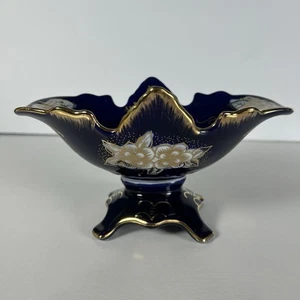 Plato grande de porcelana Haas Czjzek M-Z azul cobalto oro 24K fruta/uva vintage - Imagen 1 de 9