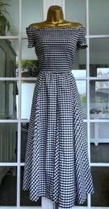 Gingham Off The Shoulder Dress Black White Flared Shirred  Size 14 Roman   - Picture 1 of 17