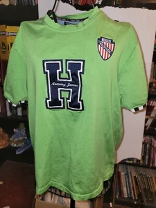 VTG 90s Tommy T-Shirt Hilfiger Embroidered Logo Flag Spell Out Green Shirt XL - Picture 1 of 8
