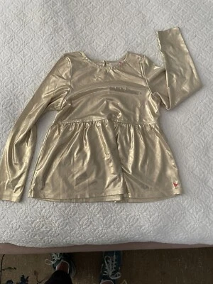 Pink Chicken gold lame girls tunic with ruffle. long sleeve. size 10. stretchy - Image 1 of 2