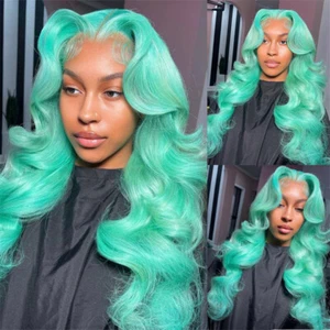 Green Lace Front Wig Human Hair Pre Plucked Body Wave Wig - Picture 1 of 7
