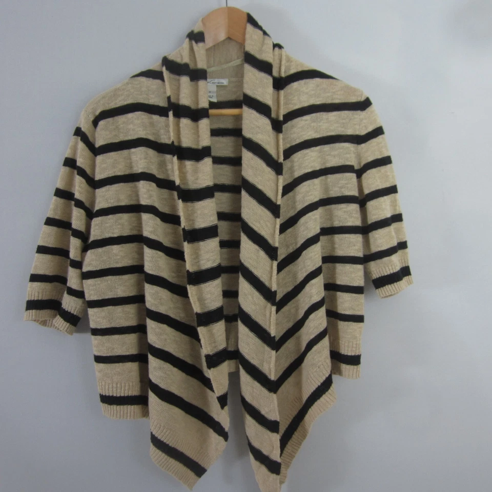 Cárdigan corto abierto Kenneth Cole para mujer pequeño beige negro a rayas SS lino algodón Foto 1 de 4
