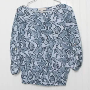 Michael Kors Blue Snakeskin Boat Neck Long RollTab Sleeve Smocked Waist Blouse L - Picture 1 of 10