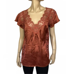 New Nwt 46 Rust Brown Dolce&Gabbana Women Blouse Silk Floral Lace Sleeve Top 46 - Picture 1 of 9