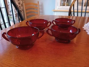 Vintage Paden City Ruby Red Crows Foot Pattern Double Handled Soup Bowls - Picture 1 of 4
