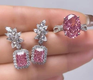 6ct Pink Tech Diamant Ring und 5ct Ohrstecker Set 925 Silber 18K GP Geschenk - Bild 1 von 13