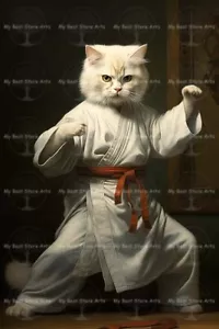Karate Cat Japanese Fine Art Print, Samurai Feline Oriental Poster, Wall Decor - Picture 1 of 4