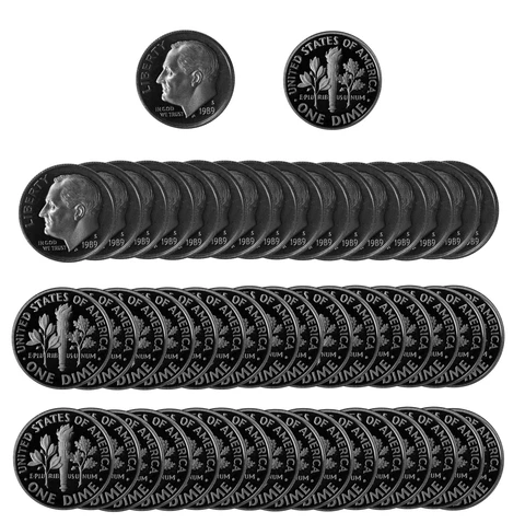 1989 S Roosevelt Dime 10c Gem Deep Cameo Proof CN-Clad Roll 50 US coins Cover
