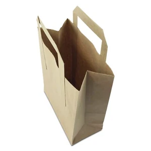 BROWN PAPER CARRIER BAGS SMALL 7X9X3.5" WITH HANDLES KRAFT SOS LUNCH FLAT - Picture 1 of 4