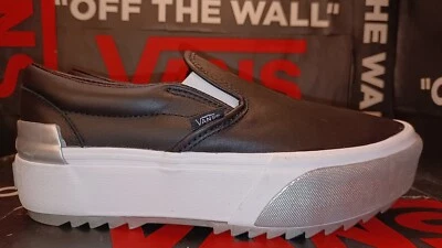 Vans Men's 3.5/Women's 5 Classic Slip On Stacked Shiny Black/True White Platform - Image 1 of 4